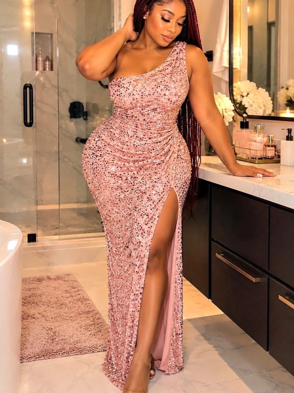 Selfie Leslie Roselyn One-Shoulder Sequin Maxi Dress Pink Sequin Maxi Dress